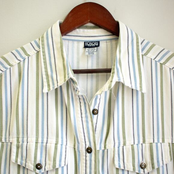 Honors Green and Blue Striped Sleeveless Denim Collar Button-up Plus Size 40/20W - Picture 3 of 6